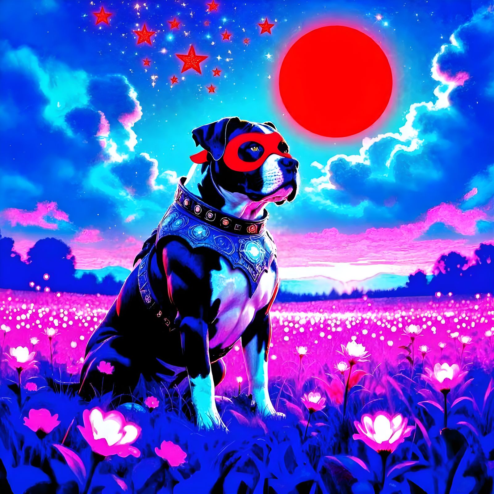 Colossal Pitbull in Celestial Armor Guards Glowing Flowers