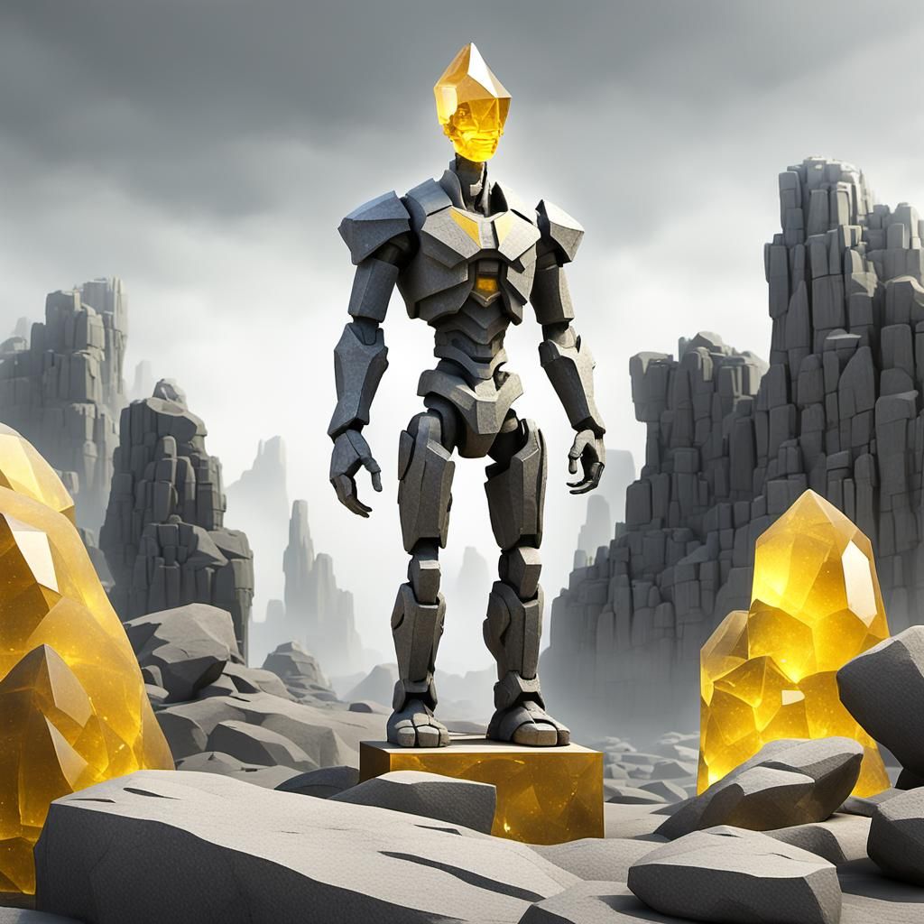 Stone Humanoid with Glowing Crystal Head in Mountainous Terr...