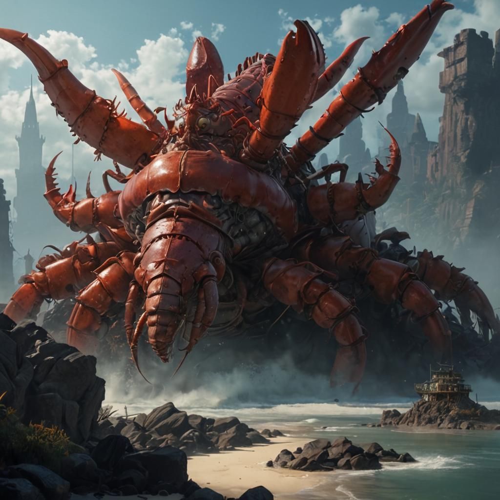 Divine Figure with Giant Lobster, Digital Art