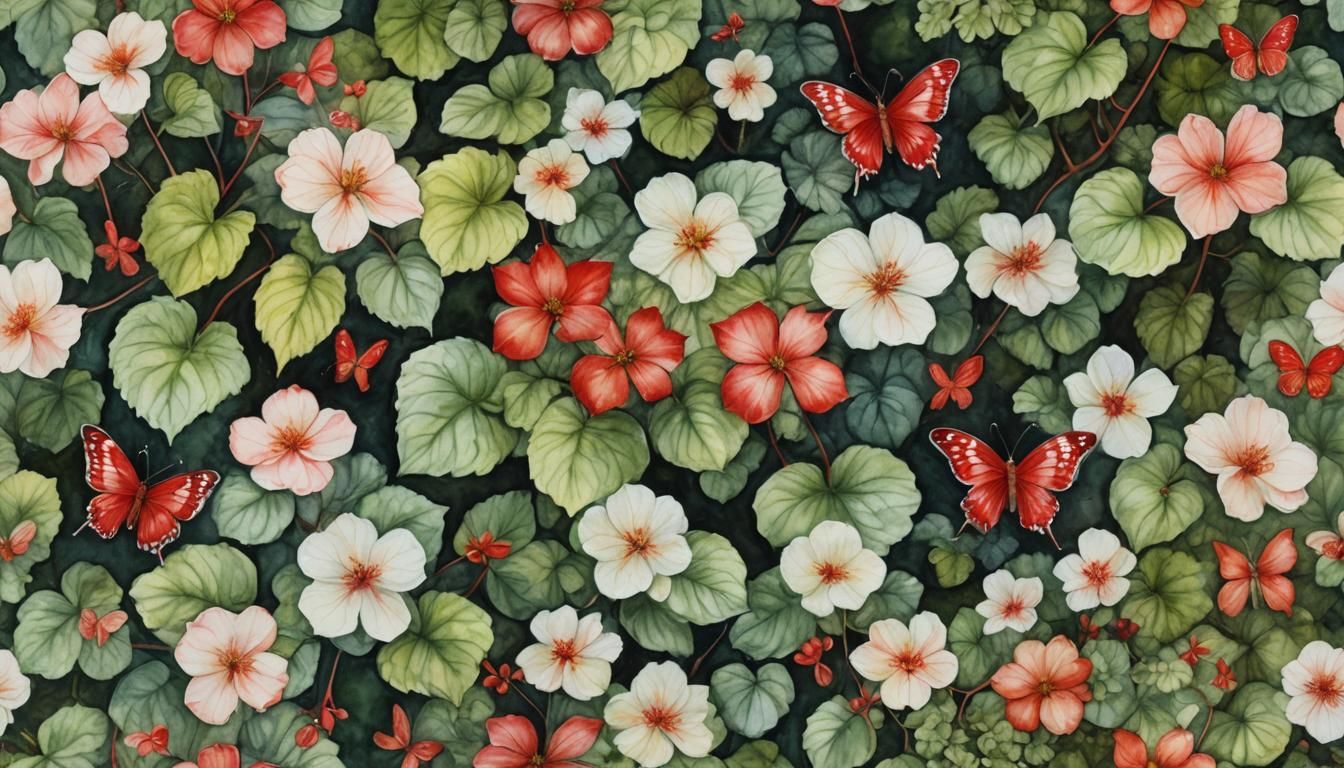 Botanical Encaustic Watercolor of Begonia Moonlight Butterfl...