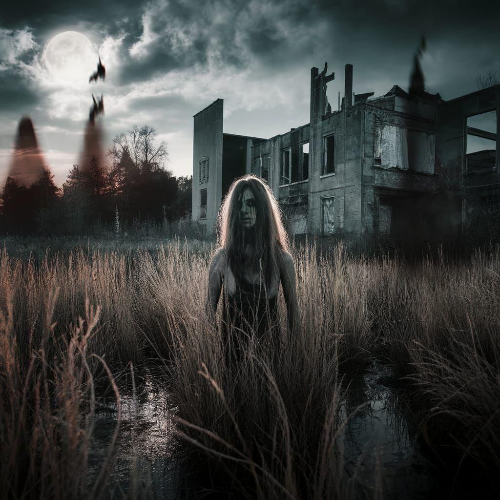Eerie Woman in Field: Psychological Horror Scene