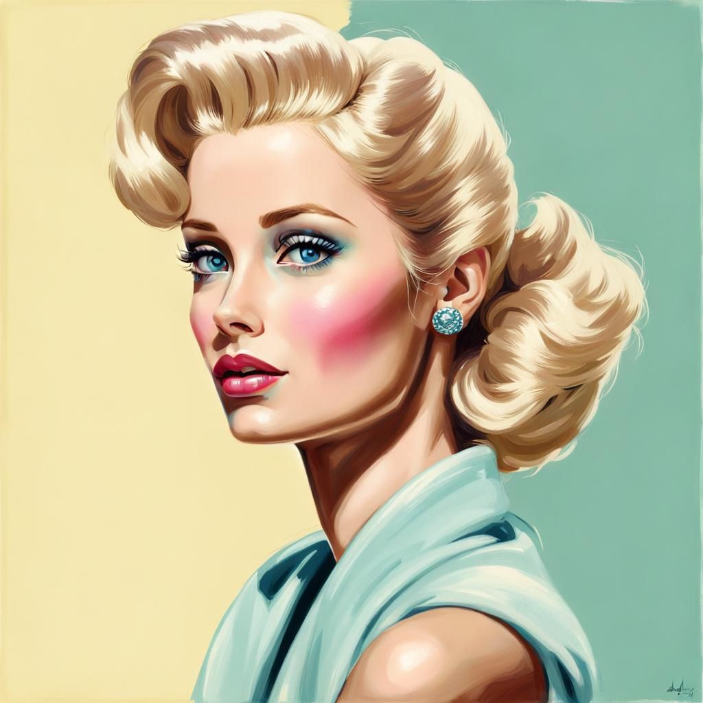 Portrait blonde barbie doll, Soft pastel colors, Gil Elvgren, Andy Warhol