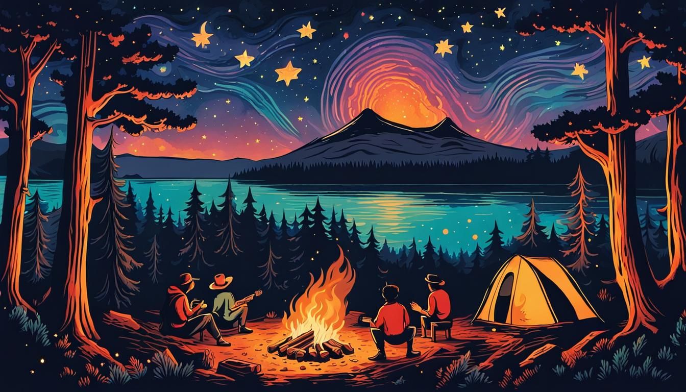 Whimsical Campfire Scene Under Starry Sky