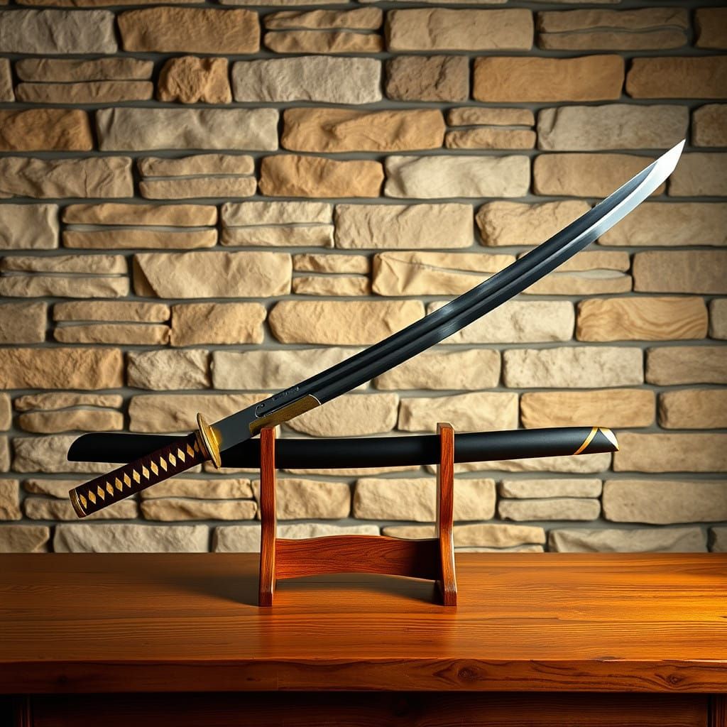 Ancient Katana in Rustic Wooden Stand