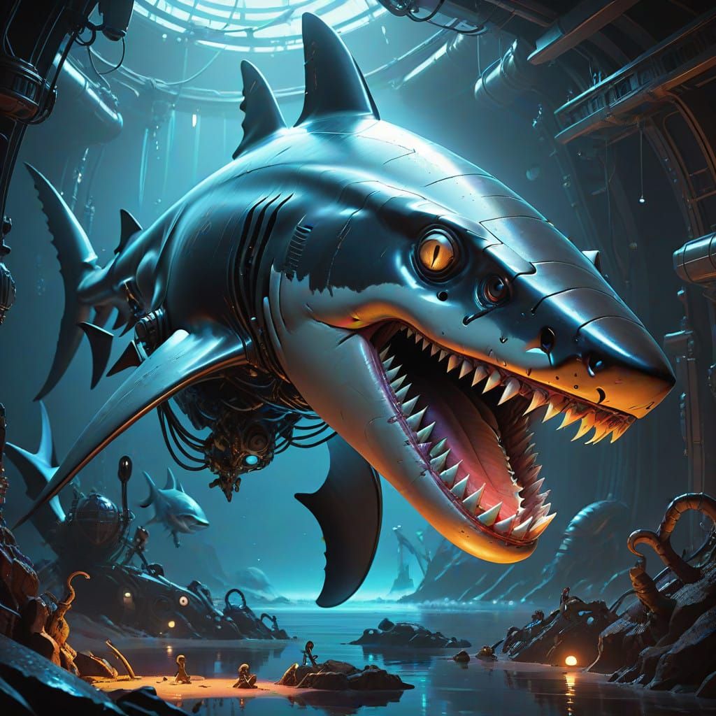 Cyberpunk Alien Shark-Creature in Neon-Lit, Bioluminescent A...