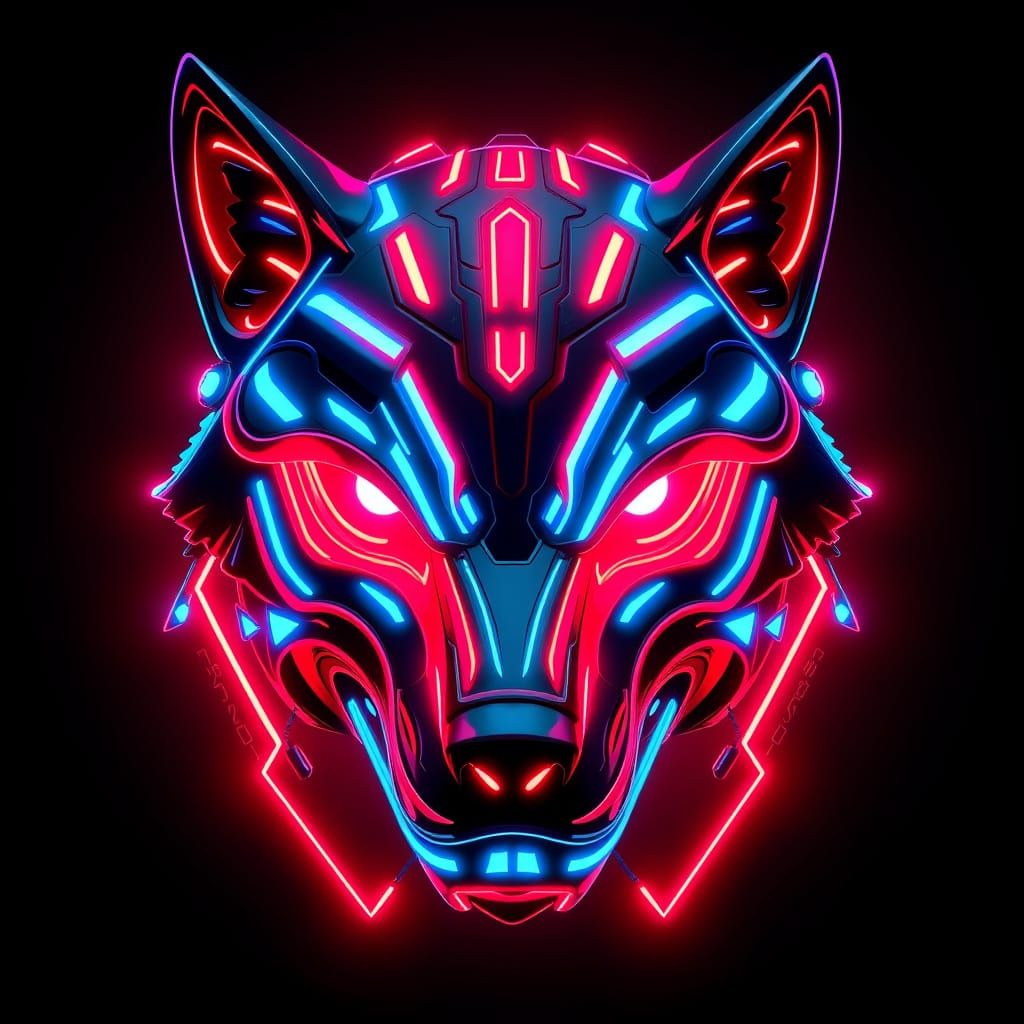 Futuristic Neon Wolf Mask with Glowing Circuits