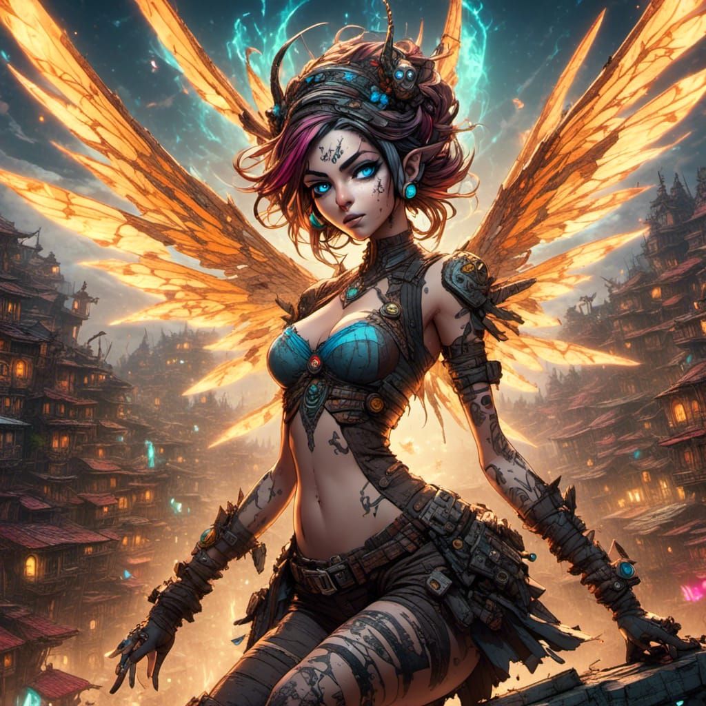 Punk Fairy on Rooftop in Surreal Fantasy Style