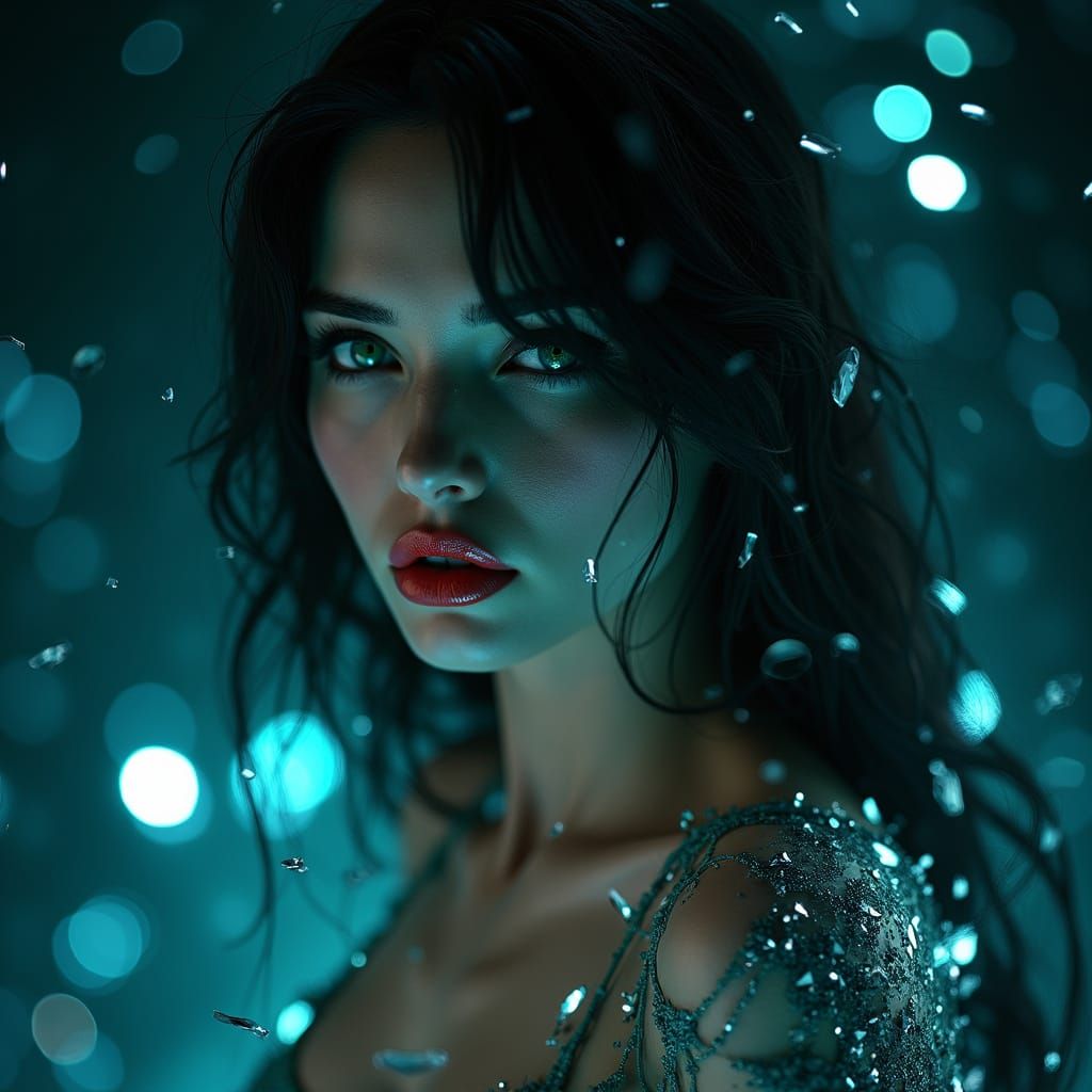 Seductive Woman Emerging from Glass Shards in Digital Surrea...