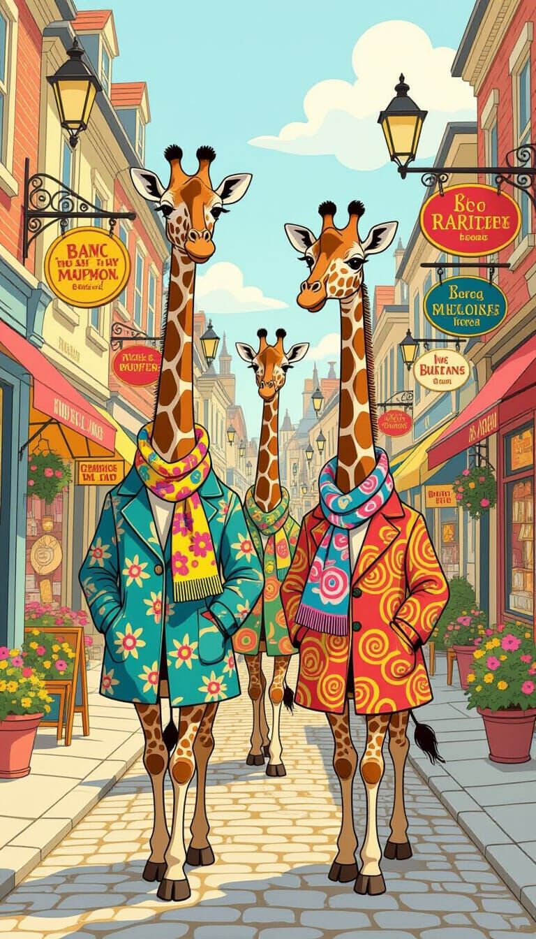 Giraffes in Patterned Scarves Stroll City Street