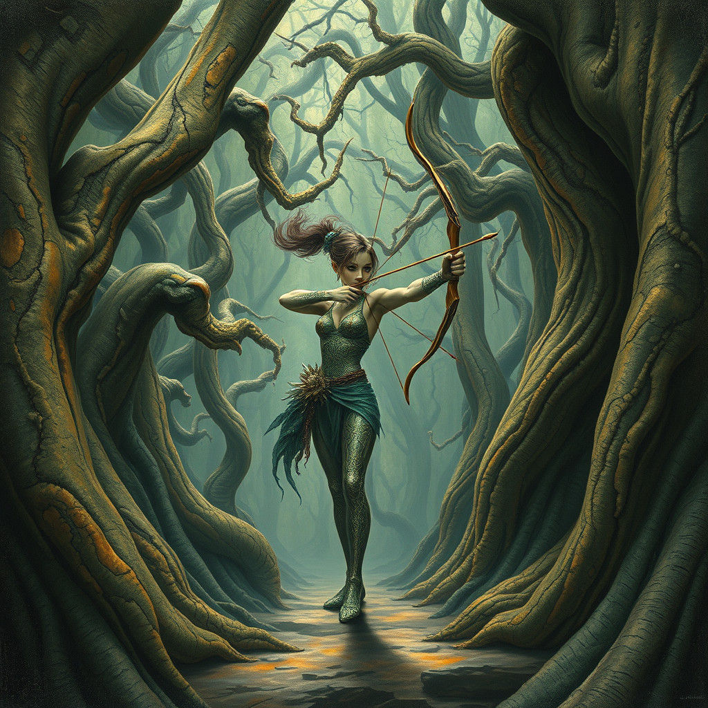 Elf Archer in Surreal Sci-Fi Forest