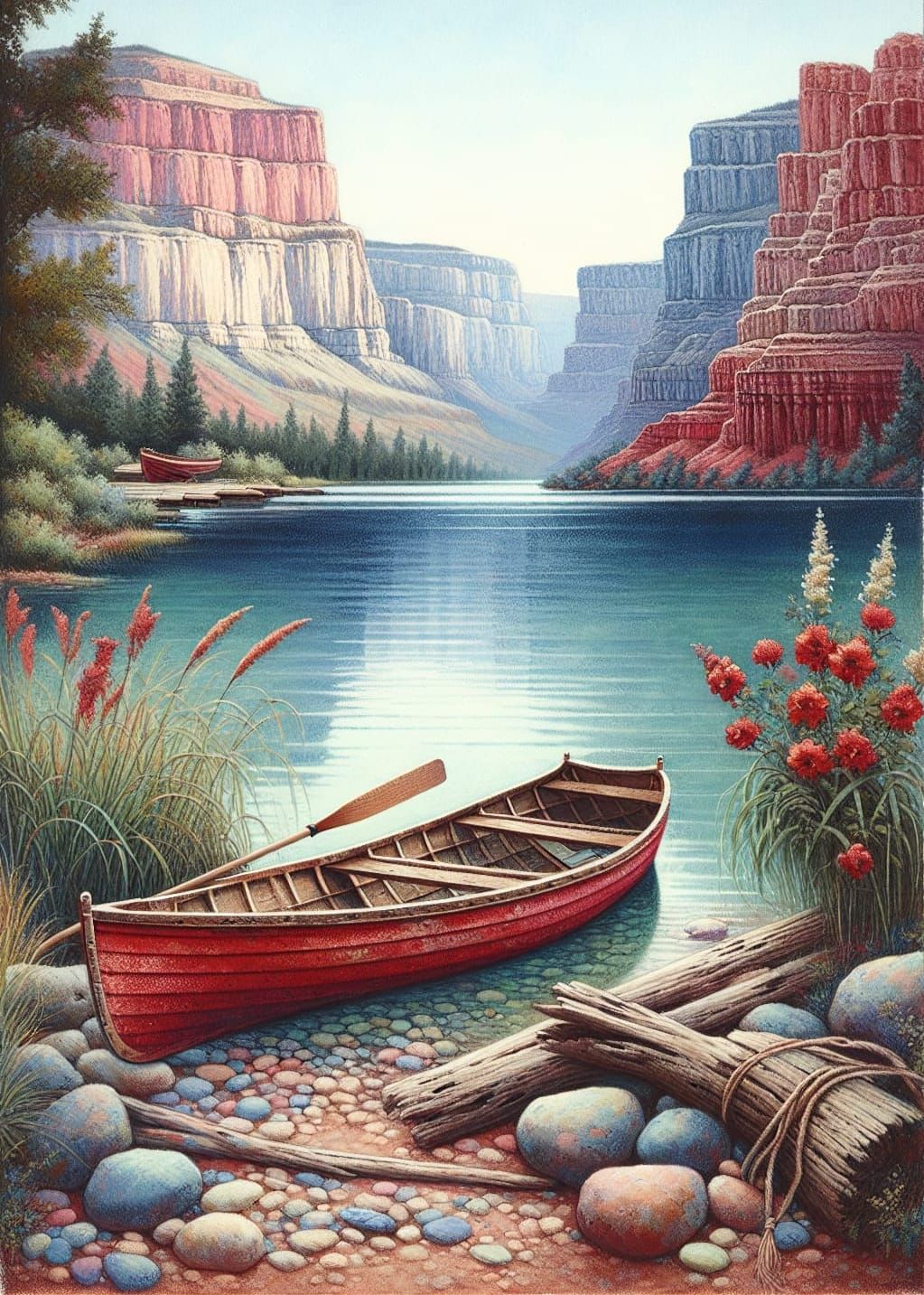 Vintage Rowing Boats on Tranquil Lake as Pointillist Paintin...