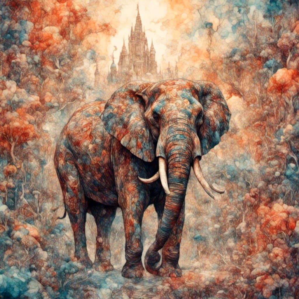 Elephant Stampede in Watercolor Patchwork Style