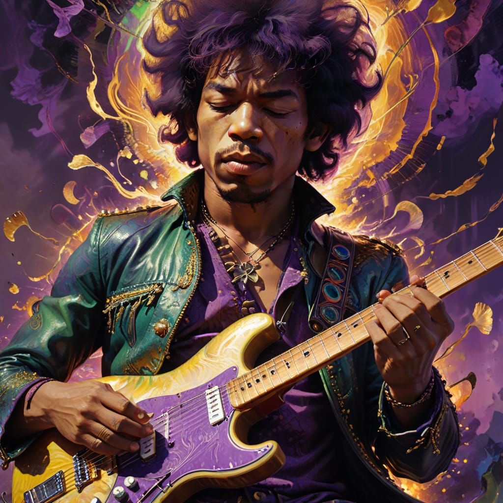 Psychedelic Jimi Hendrix on Watchtower in Abstract Style
