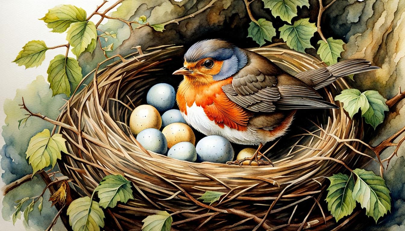 Robin on Nest Watercolor Painting