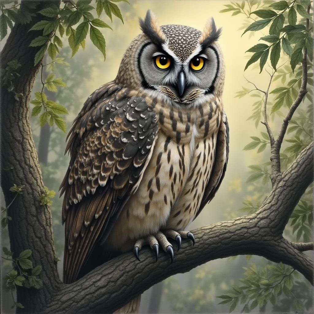 Majestic Owl in Chiaroscuro, Perched on a Branch