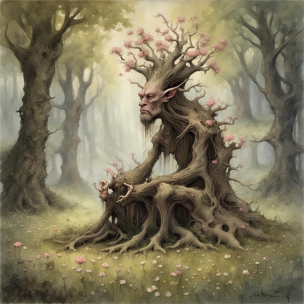 Flowering Treant in Sunny Glade: Painterly Impression