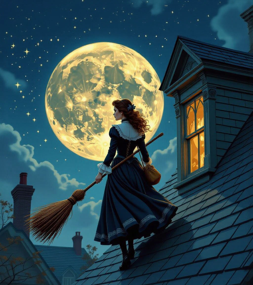 Victorian Witch on Roof Under Huge Moon