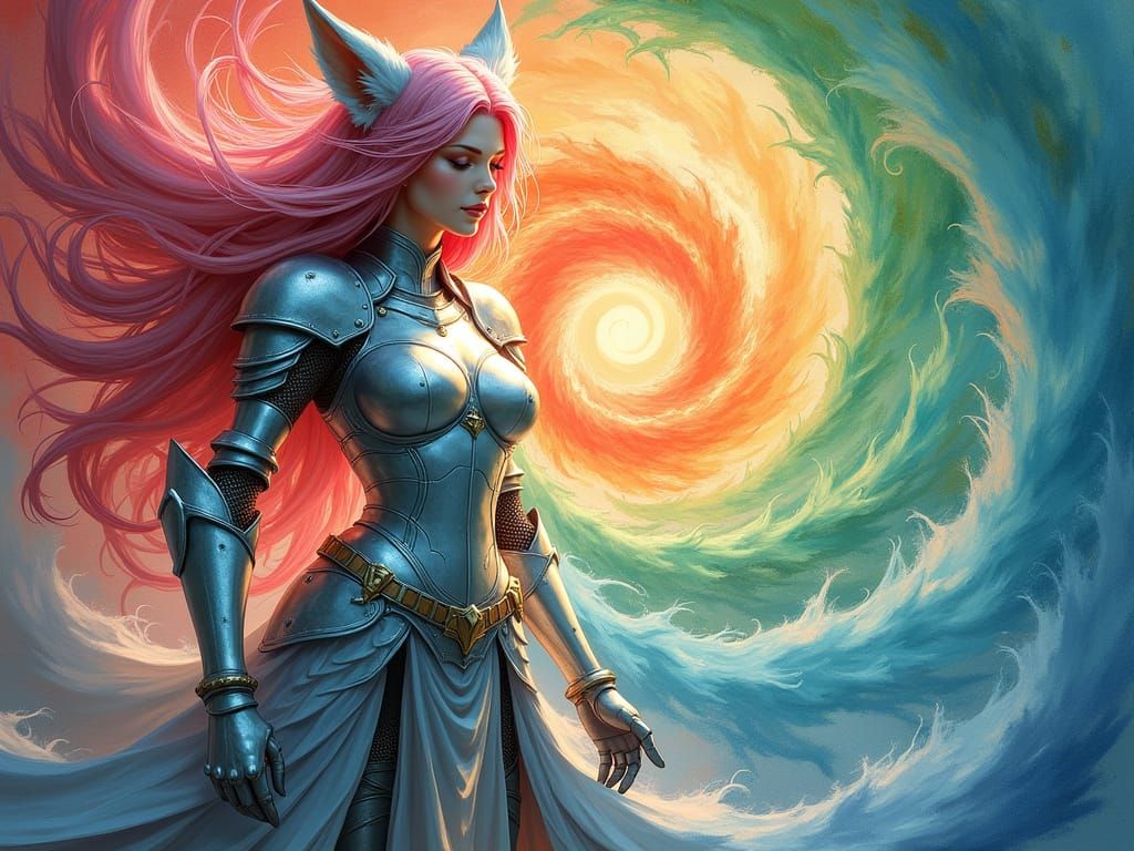 Spirals of Fantasy Energy Converge on a Fox Maiden in Armor