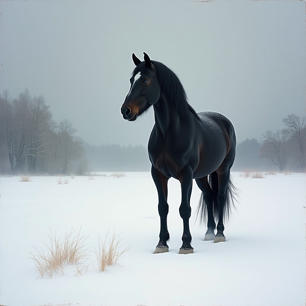 A Black Horse in Serene Snowy Landscape