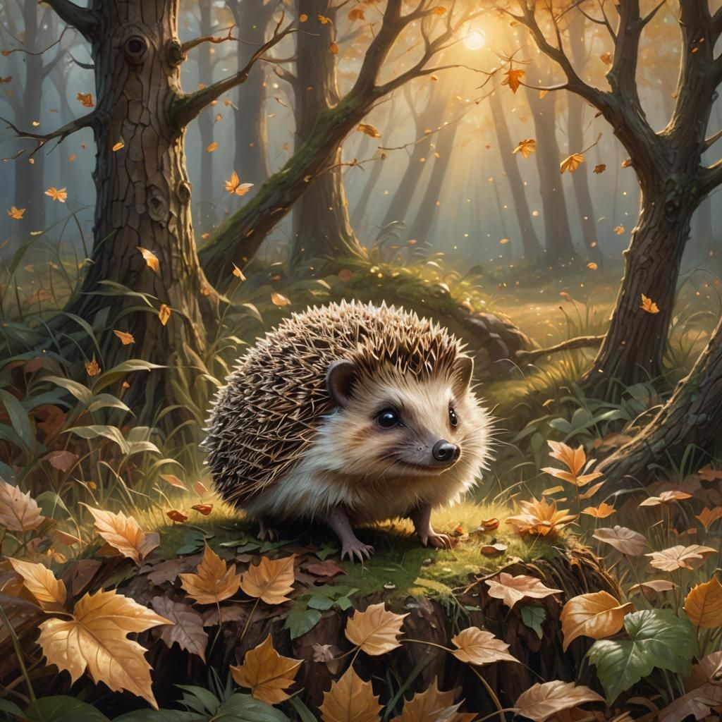 Smiling Hedgehog in Forest, Fantasy Art Style