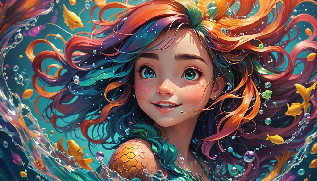 Cute Ghibli Mermaid in Colorful Splash Art Style