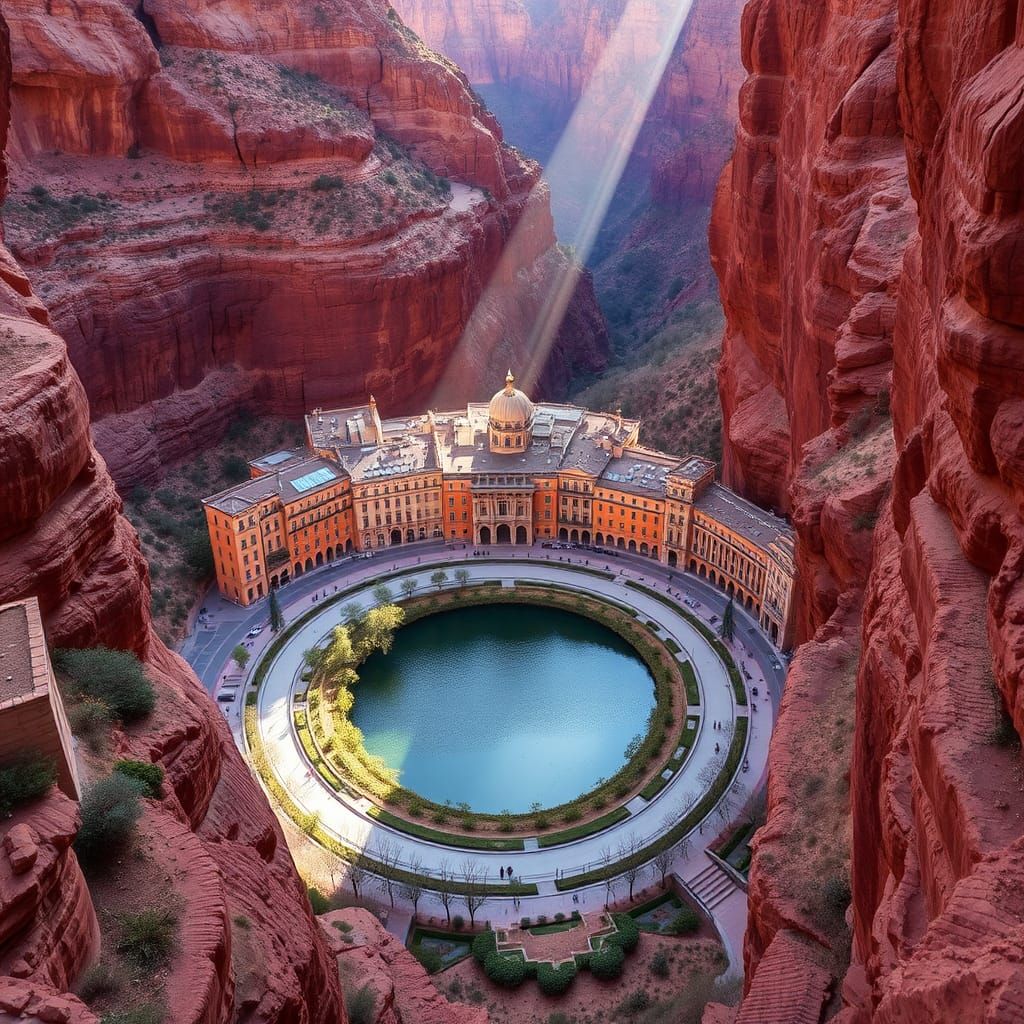 City in Canyon Wall with Promenade and Lake