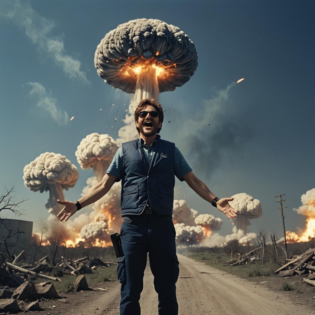 Happy Man Embraces Nuclear Explosion: Cinematic Still