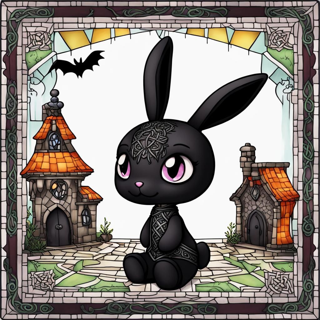 Gothic Black Bunny at Haunted Mansion in Mosaic Style