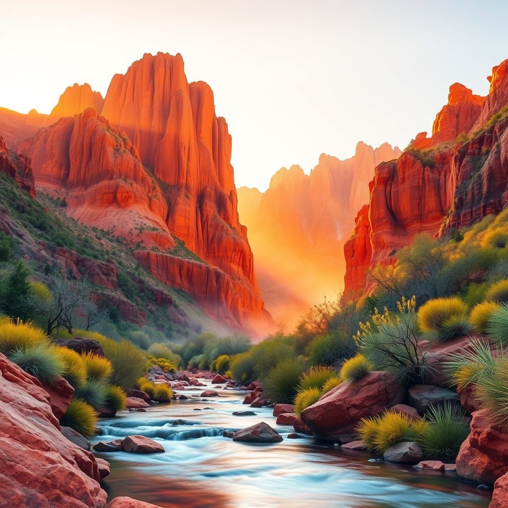 Red Rock Canyon Sunrise, Canada in Traditional Watercolour S...
