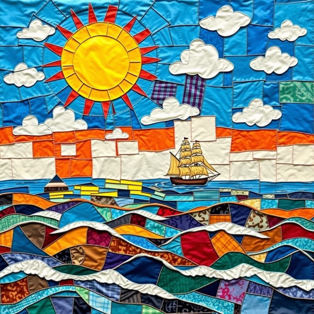 Tactile Landscape of Vibrant Fabric Collage