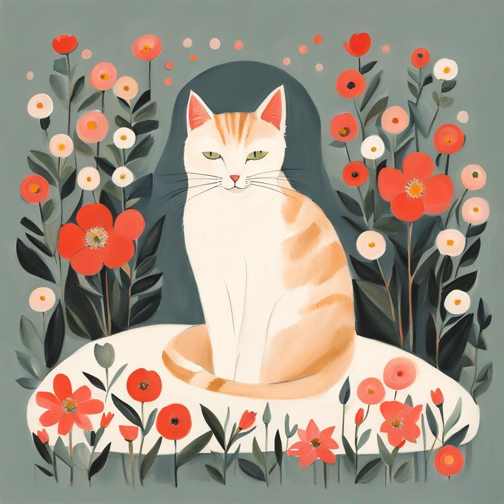 Whimsical Portrait of a Cat in a Floral Abstraction