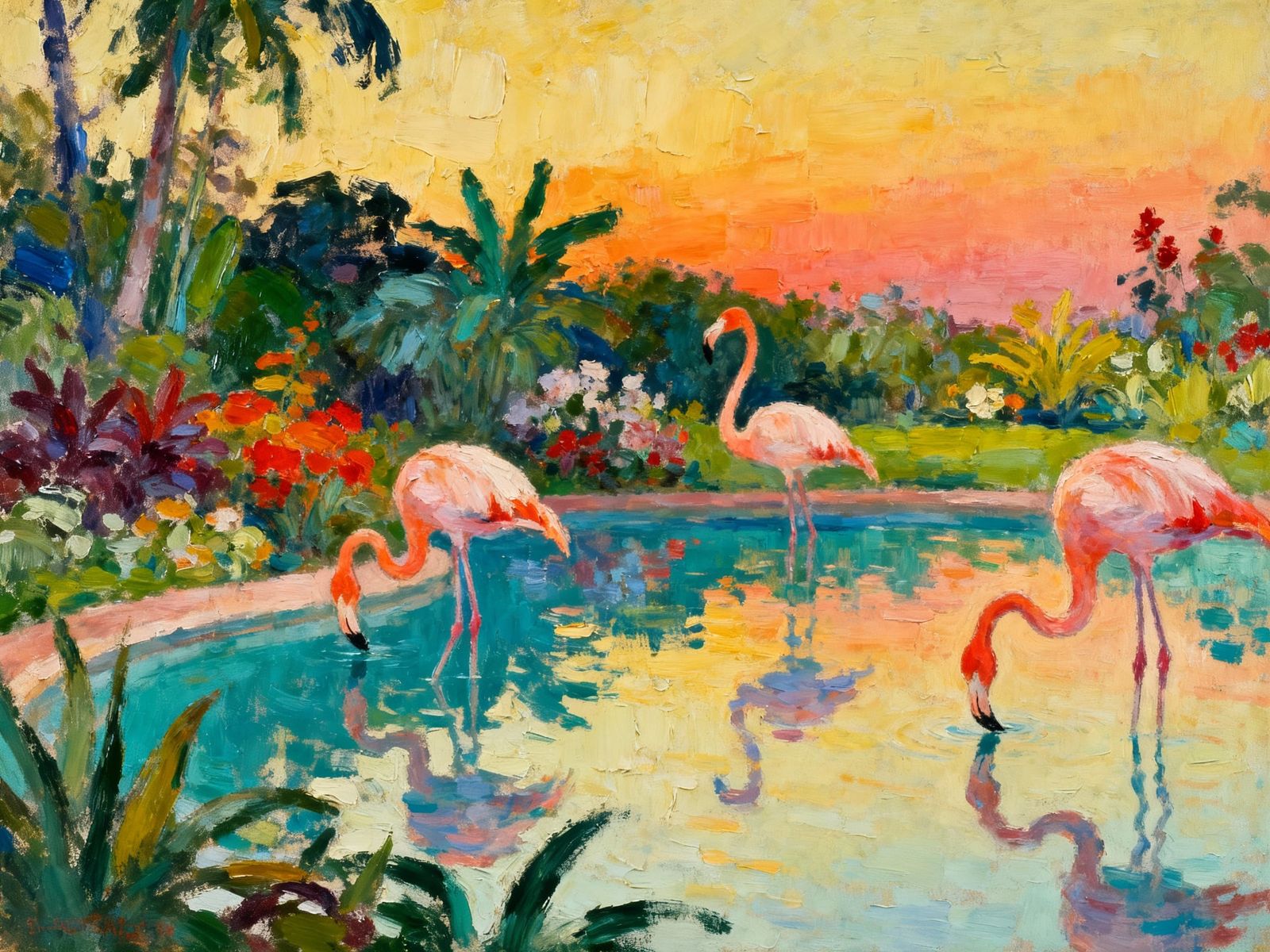 Flamingos in Paradise Garden: Abstract Expressionist Oil Pai...