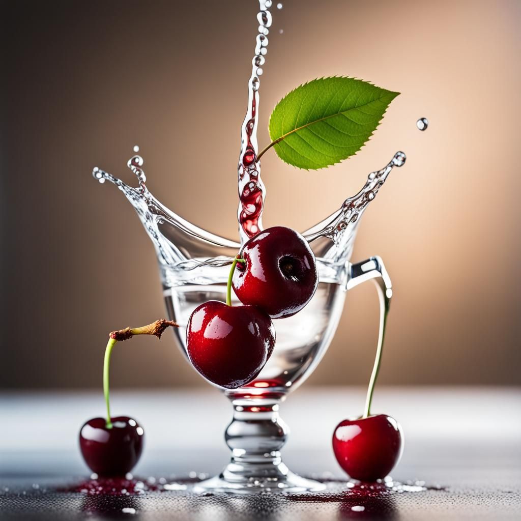 Cherry and Leaf Falling into Liquid