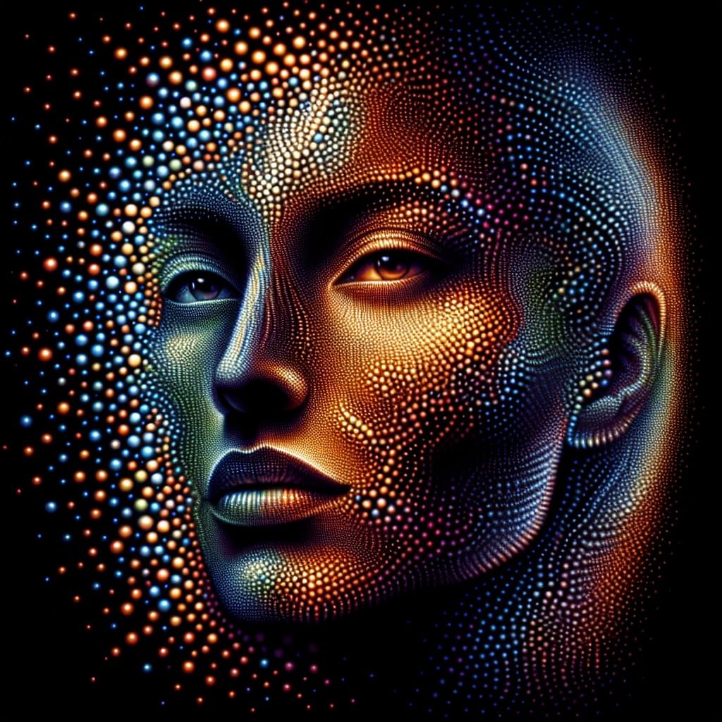 Vibrant Kinetic Pointillism Portrait in Molten Metal