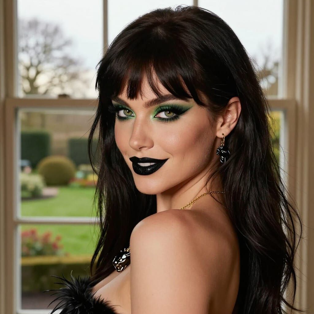 Sultry Woman in Golden Hour Glow, Country Garden View