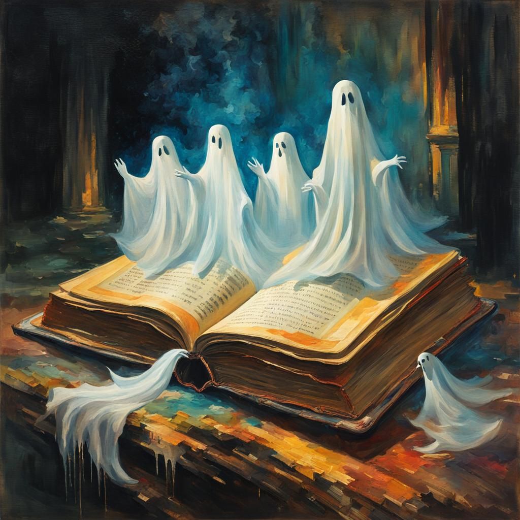 Ghosts Emerge from Ancient Book in Gouache Style