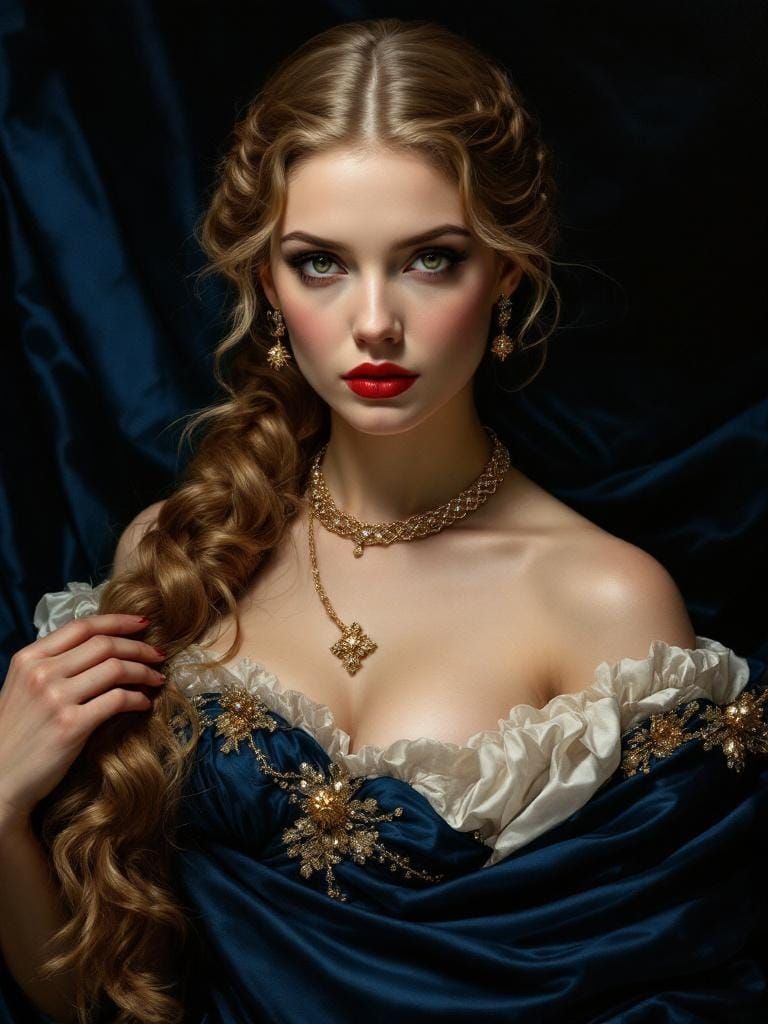 Blonde Woman in Empire-Blue Gown, Neoclassical Style