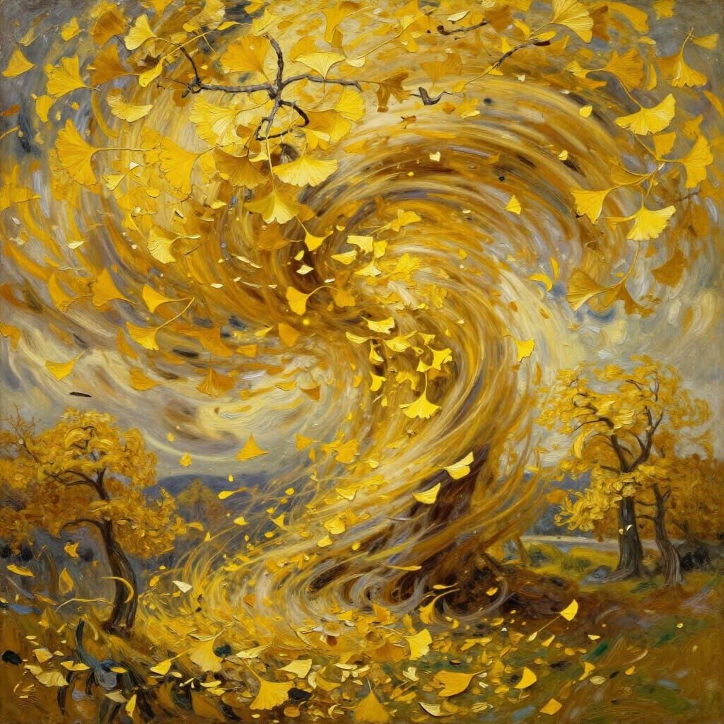 Romantic Oil Painting of Ginkgo Leaf Whirlwind