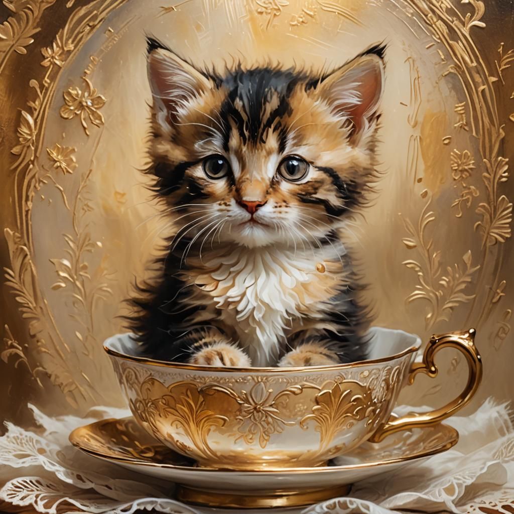 Kitten in Teacup: Rembrandt-Style Oil Painting