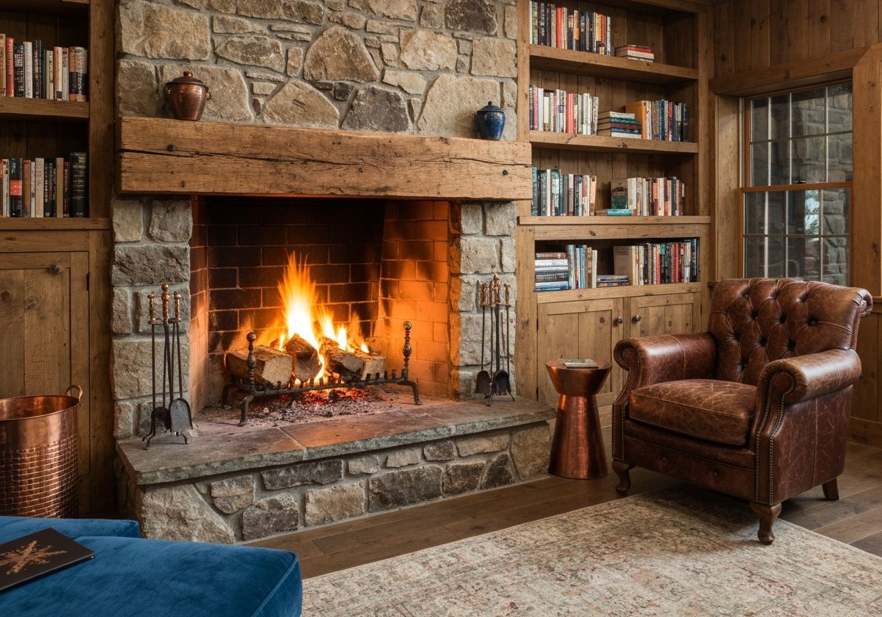 Cozy Room with Stone Hearth and Leather Armchair