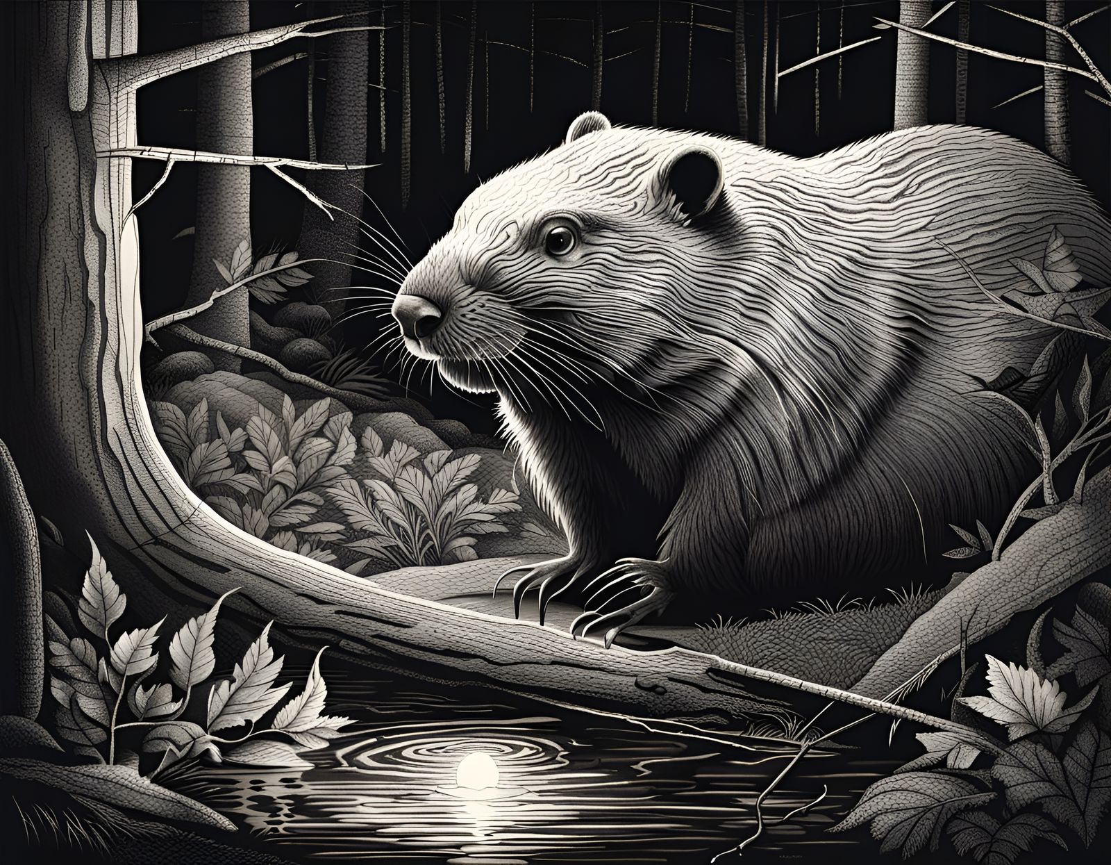 Intricate Charcoal Drawing of a Beaver in Forest