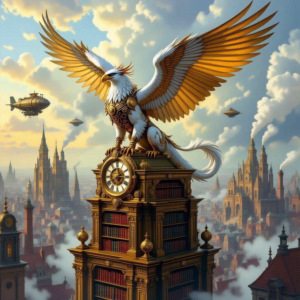 Majestic Griffin with Clockwork Wings in Steampunk City