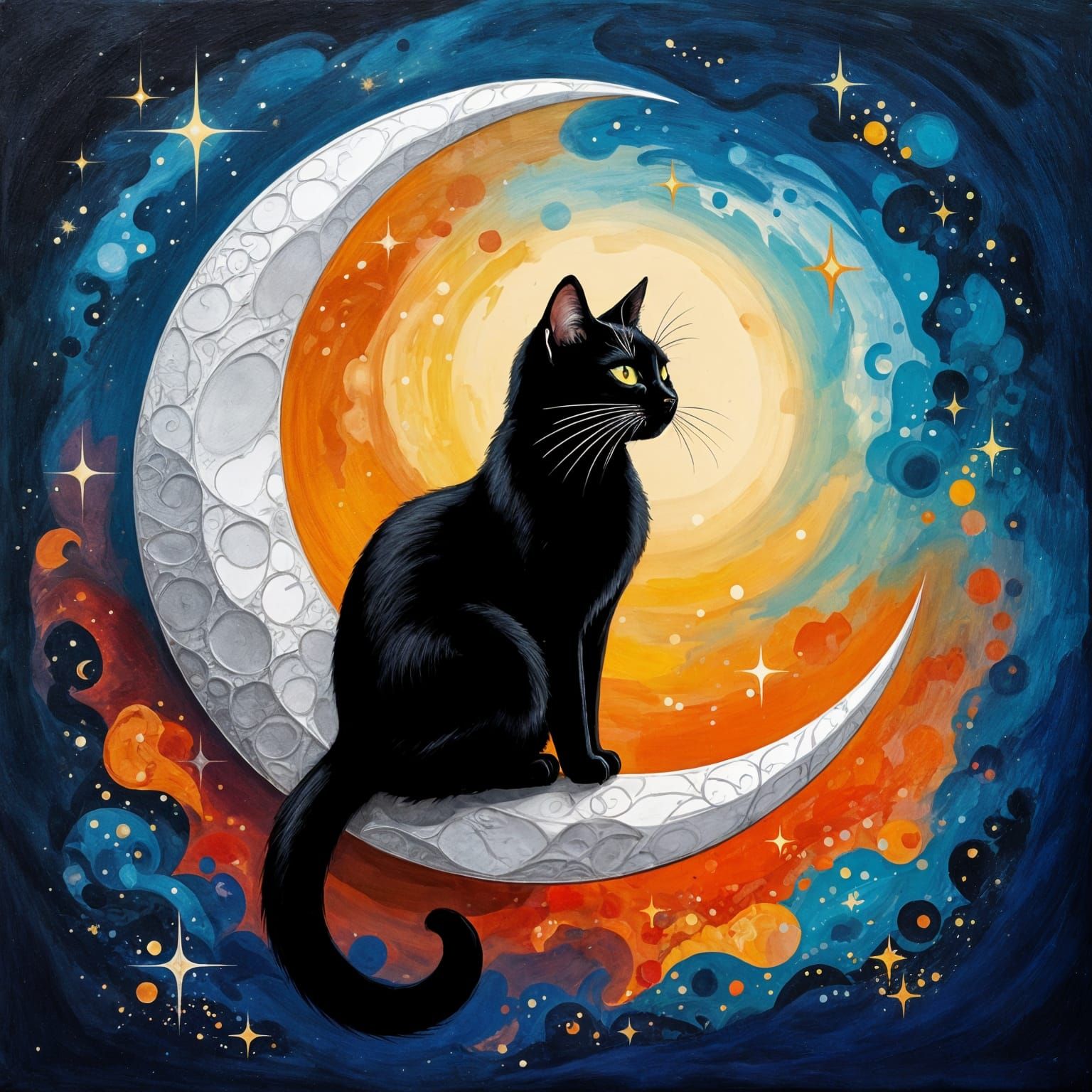 Black Cat Silhouetted on Crescent Moon in Abstract Art