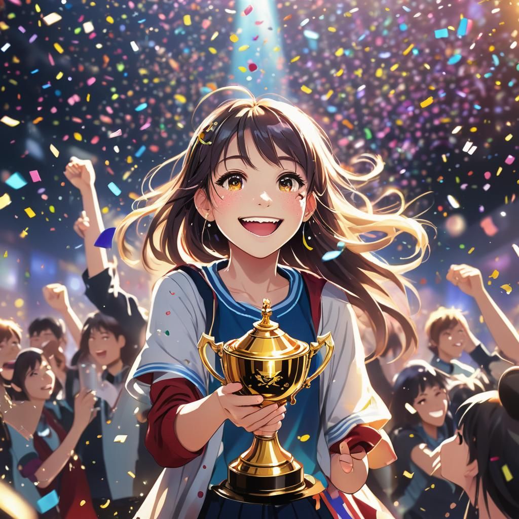 Anime Girl Celebrates Victory with Trophy and Confetti
