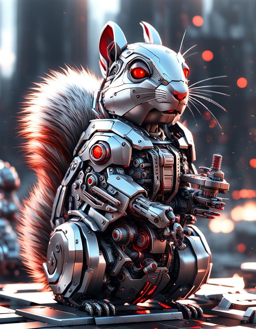 Cybernetic Squirrel with Red Eyes in Sci-Fi Style