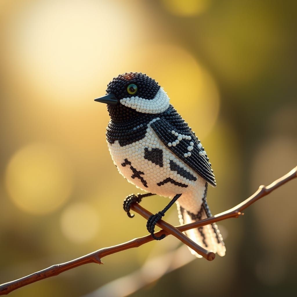 Beaded Bird Sculpture in Sunlight, Modern Art Style