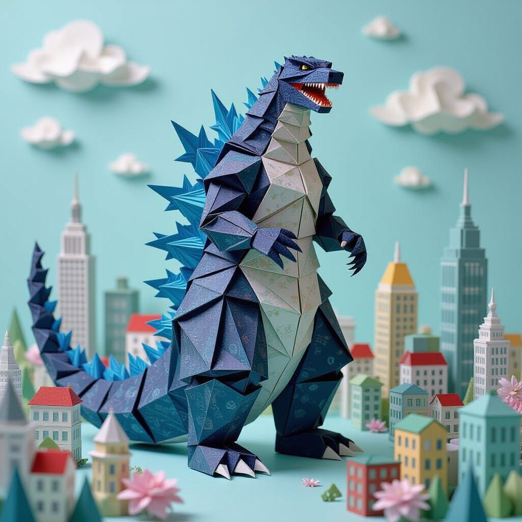 Origami Godzilla in a Meticulously Crafted City