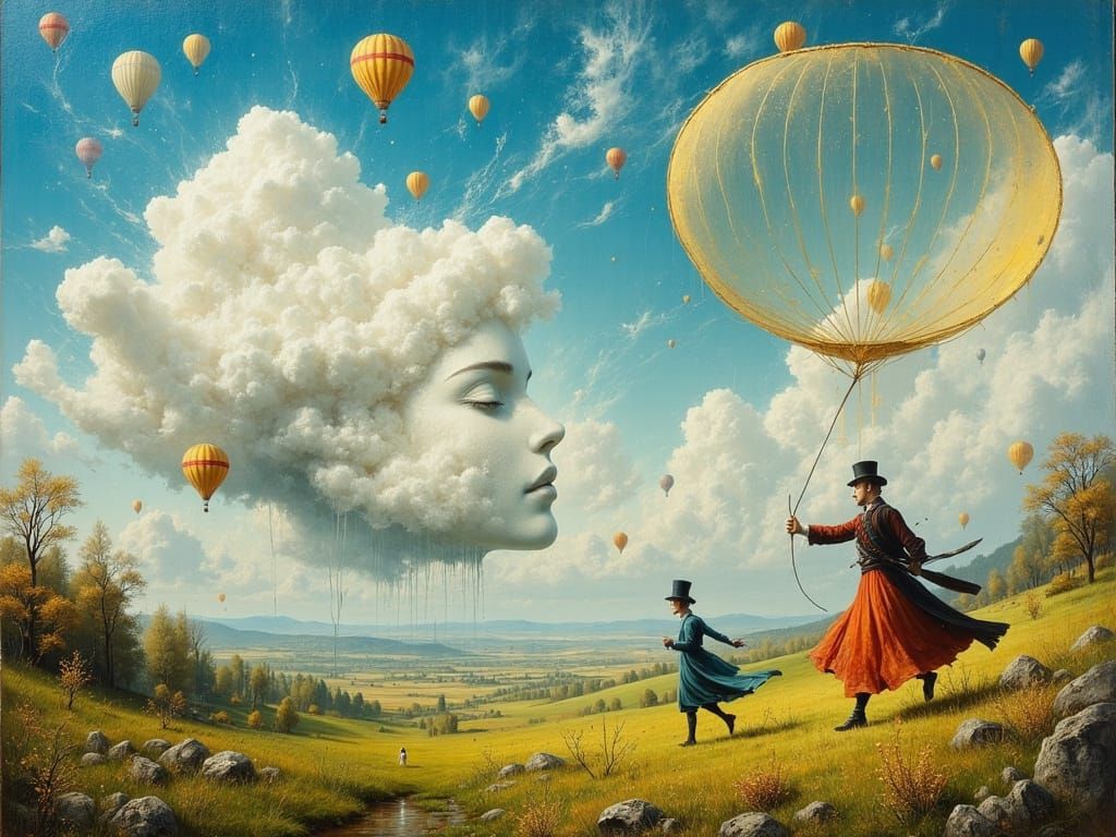 Surreal Oil Painting: Man Catches Cloud Woman
