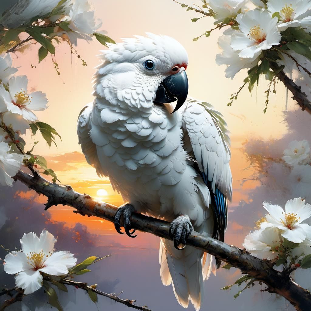 White Parrot on Cherry Blossom Branch Painting
