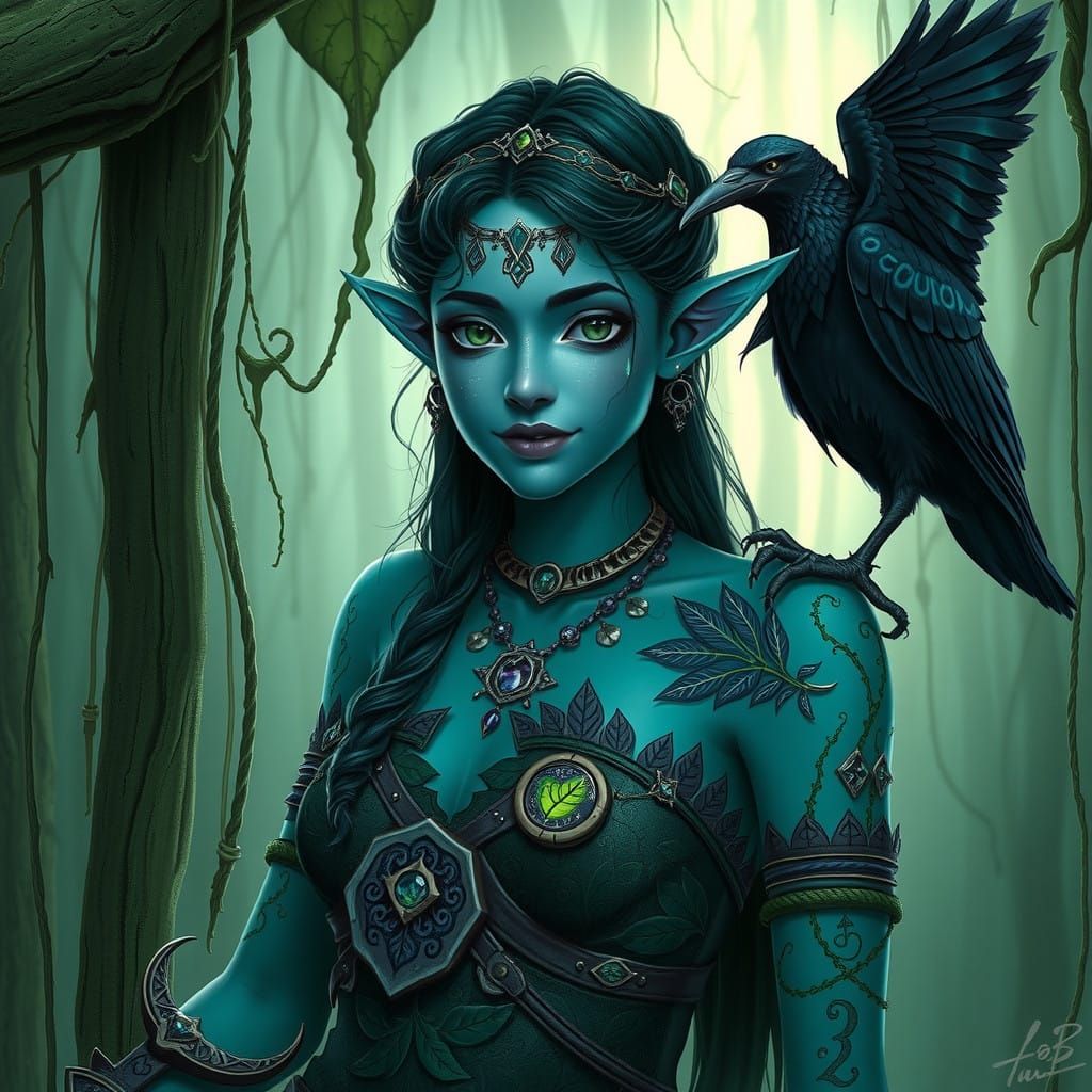 Mystical Druid-Warlock in Whimsical Swamp Setting